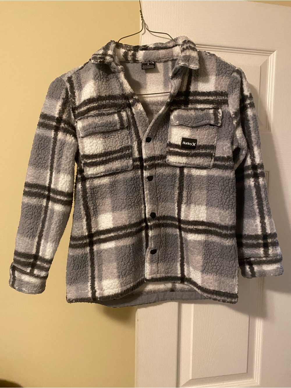 Hurley Kids Gray and White Plaid Sherpa Button-Up Jacket
